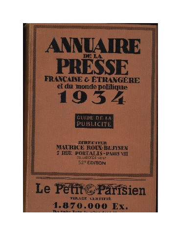 ANNUAIRE DE LA PRESSE FRANCAISE ET ETRANGERE 1934