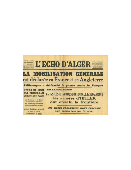 LÔECHO DÔALGER - JOURNAL DU SAMEDI 2 SEPTEMBRE 1939