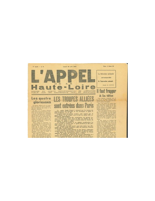 LÔAPPEL DE LA HAUTE-LOIRE - JOURNAL DU SAMEDI 26 AOUT 1944