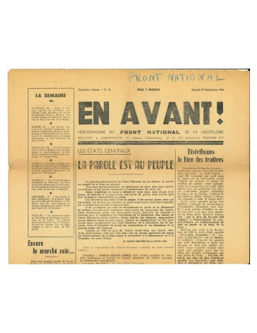 EN AVANT - HEBDOMADAIRE DU FRONT NATIONAL DE LA HAUTE-LOIRE - JOURNAL DU SAMEDI 29 SEPTEMBRE 1944