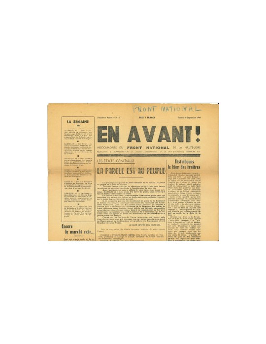 EN AVANT - HEBDOMADAIRE DU FRONT NATIONAL DE LA HAUTE-LOIRE - JOURNAL DU SAMEDI 29 SEPTEMBRE 1944