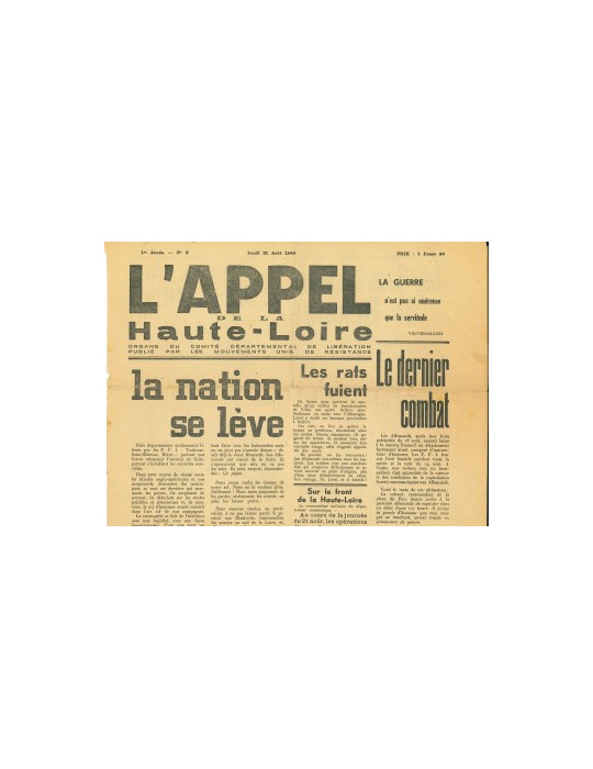 LÔAPPEL DE LA HAUTE-LOIRE - JOURNAL DU LUNDI 21 AOUT 1944