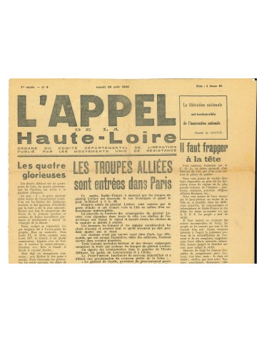 LÔAPPEL DE LA HAUTE LOIRE - LOT DE 2 JOURNAUX - 20 AOUT 1944 + 22-23 AOUT 1944