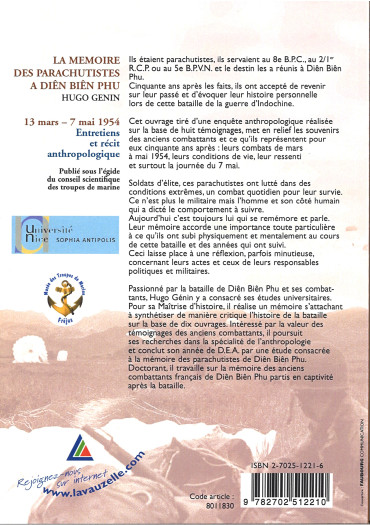 LA MEMOIRE DES PARACHUTISTES A DIEN BIEN PHU - 13 mars- 7 mai 1954 - Entretien et récit anthropologique